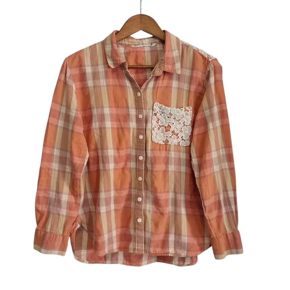 Hippie Laundry Size L Crochet Embellished Plaid Button Cowgirl Long Sleeve Shirt - Picture 1 of 11